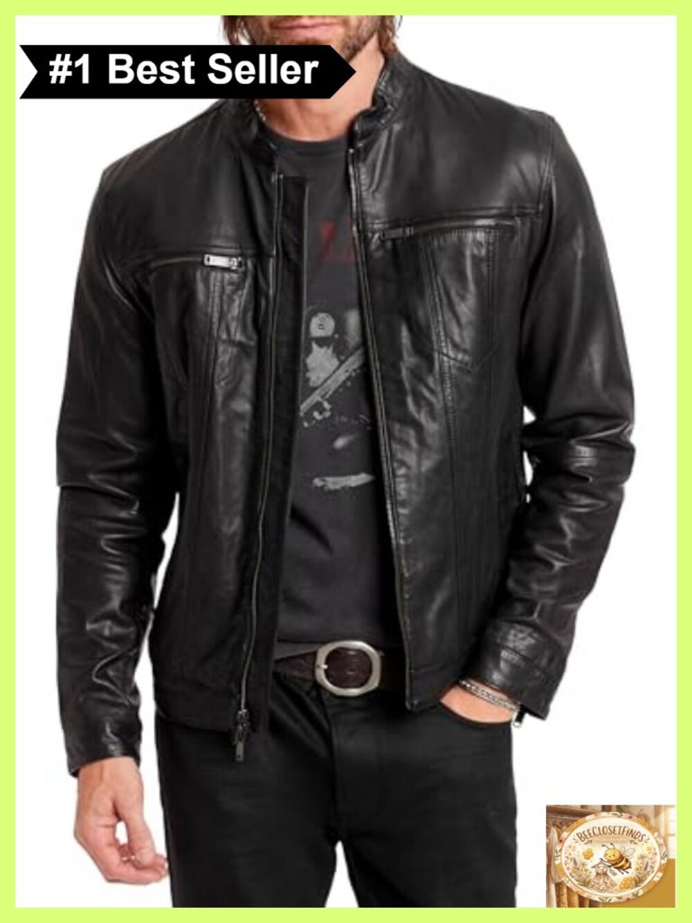 Men's Brando Leather Jacket Aviator Fitted Band Collar Zip Front